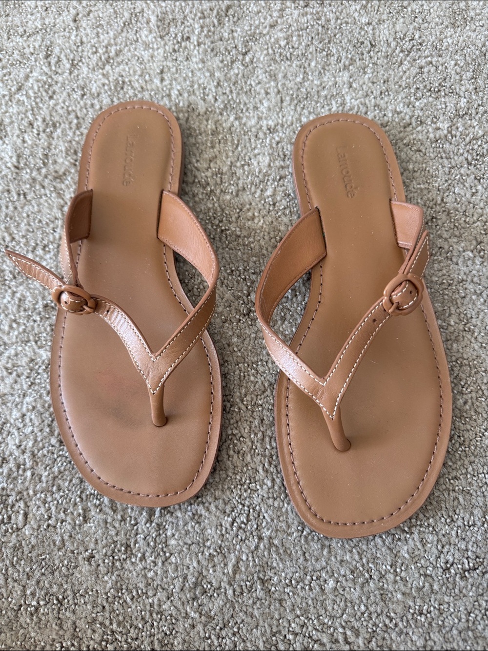 Larroude Women’s Tan Leather Thong Sandals with Buckle Detail